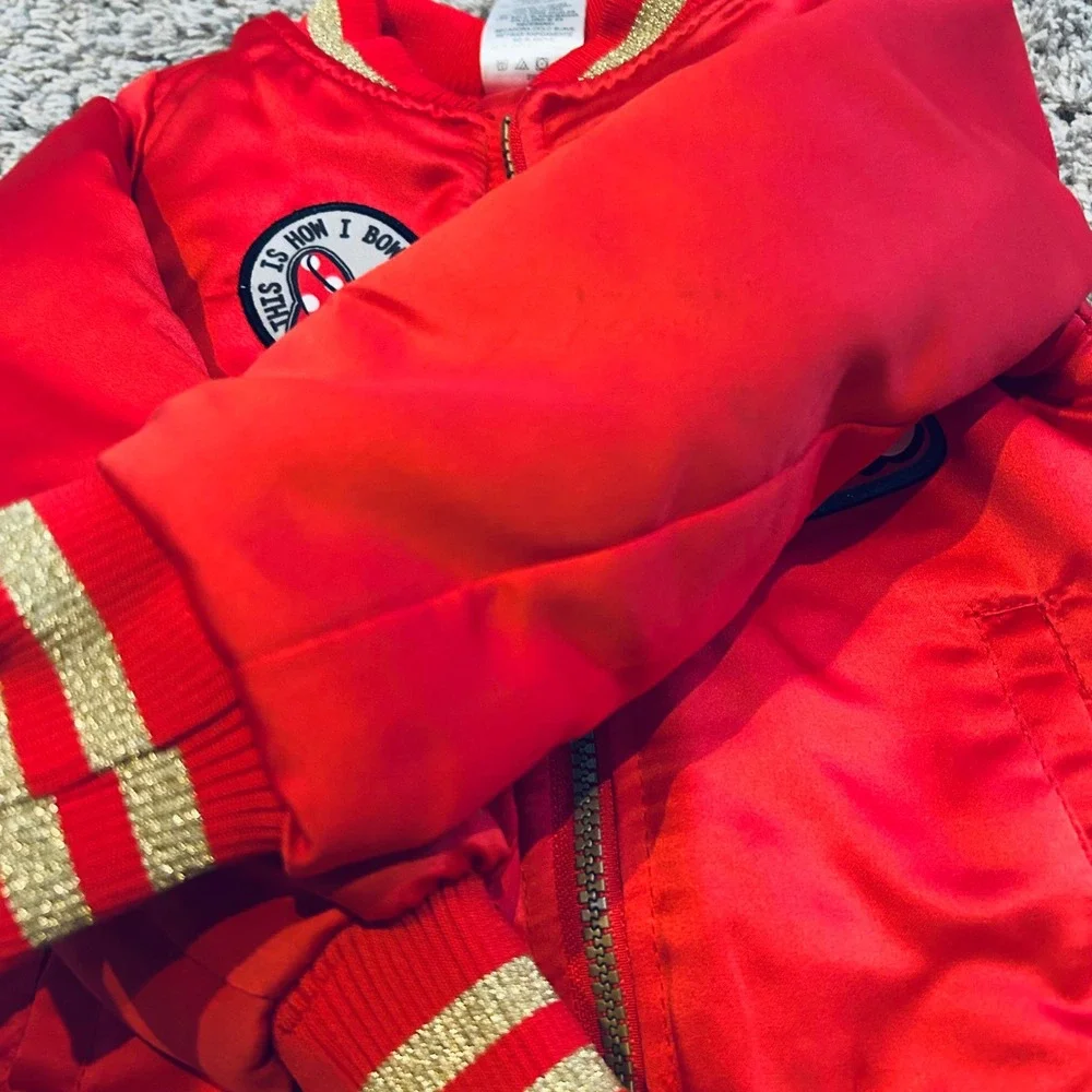 Disney Minnie Mouse Red Satin‎ Bomber Jacket Girls 4T Gold Glitter SCAL01A
